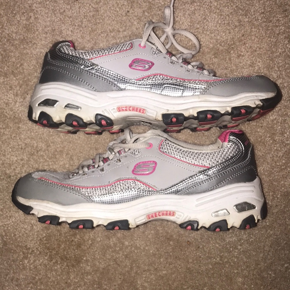 Women’s gray, pink, and white Skechers